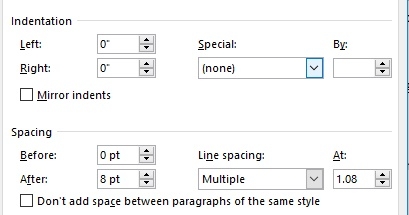 Commonly used indent styles in Word documents