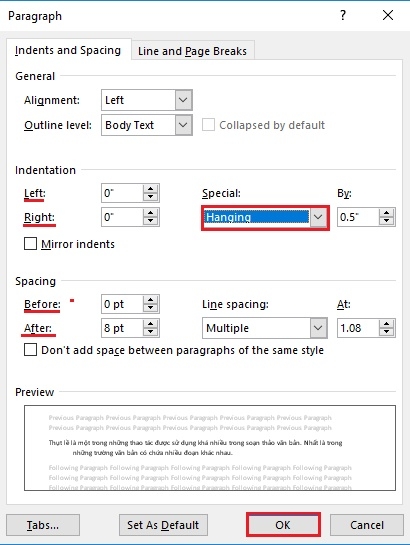 Commonly used indent styles in Word documents