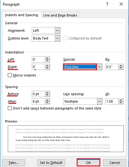 Estilos de recuo comumente usados em documentos do Word