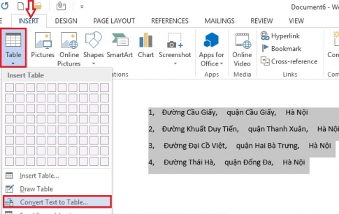 How to convert text to table, table to text in word