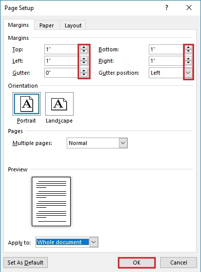 Instructions to format paper size and set text margins in Word