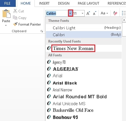 Instructions for setting up a general font for text in Word 2013