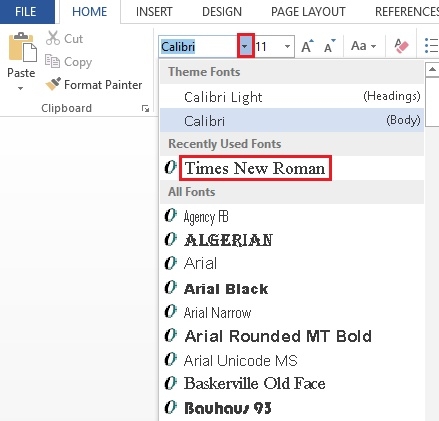 Instruções para configurar uma fonte geral para texto no Word 2013