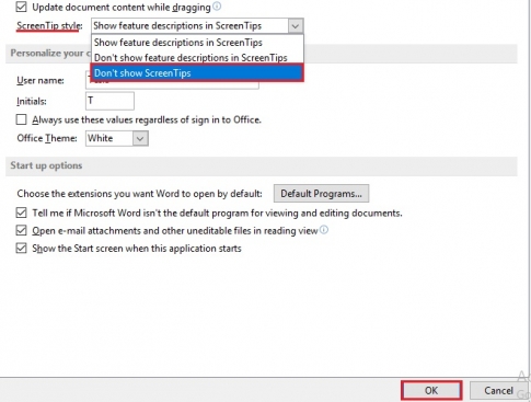 Disable the quick Screen Tip feature in Word