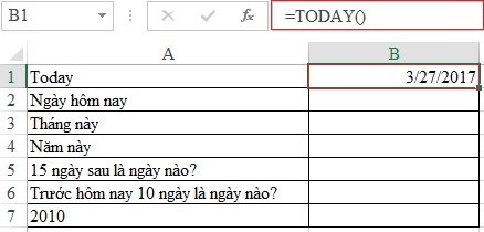 ExcelのTODAY関数を使用して現在の日付と年を表示する