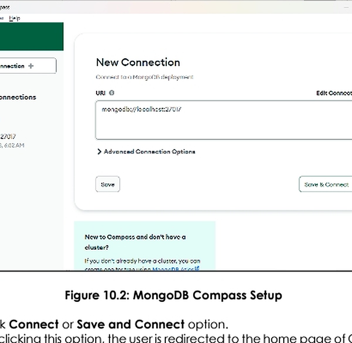Nhập URI localhost để kết nối MongoDB Compass