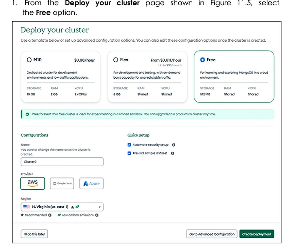 Màn hình triển khai MongoDB Atlas Free cluster
