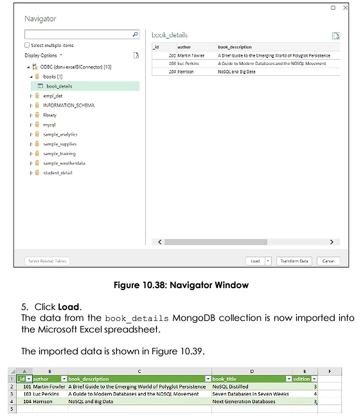 Chọn collection book_details và nhập dữ liệu MongoDB vào Excel