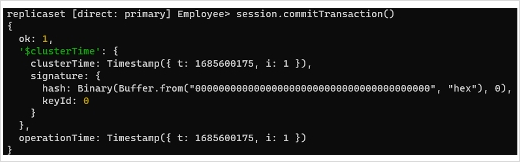Kết quả lệnh session.commitTransaction trong MongoDB Shell