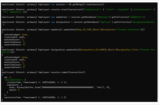Các lệnh cập nhật hai collection trong một transaction MongoDB