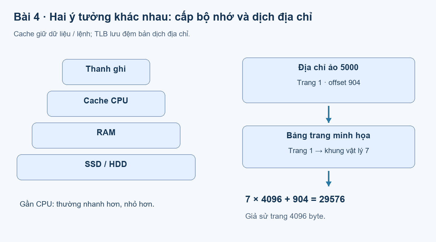 Các cấp thanh ghi, cache, RAM, SSD và ví dụ dịch địa chỉ ảo 5000 thành 29576.